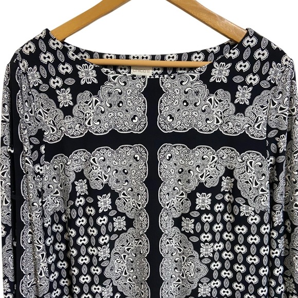 Chicos Black White Paisley Print Long‎ Sleeve Shift Whimsigoth Boho Dress Size 2 - Picture 9 of 10